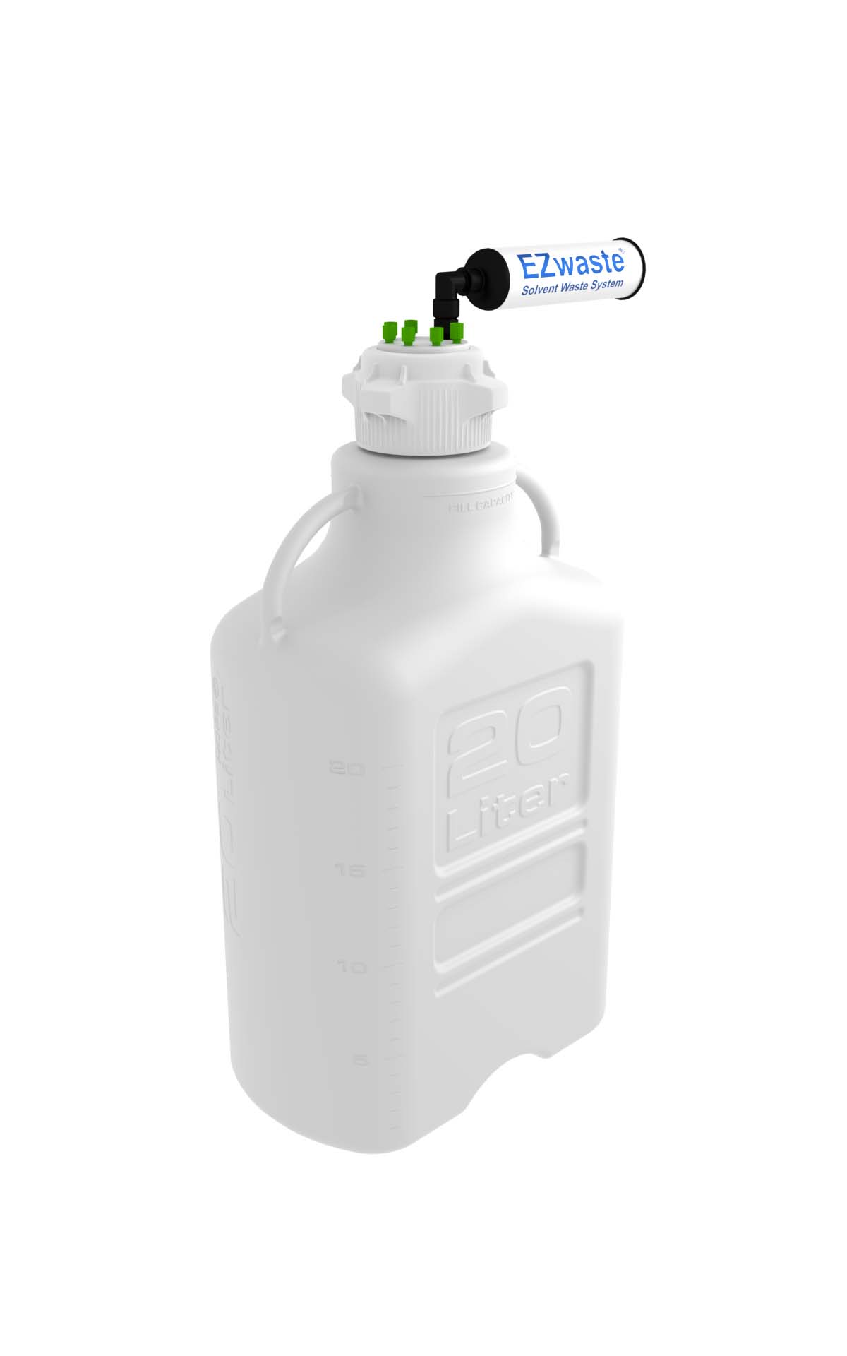EZwaste® HPLC Solvent Waste System, 20L Heavy Duty Carboy, 83B VersaCap with 4 Ports for 1/16 Inch O.D. Tubing; 1 Port for 1/4 Inch O.D. Tubing; 3 Hose Barb Ports for 1/4 or 3/8 Inch I.D. Tubing, 1/EA (332-4426-OEM) — Foxx Life Sciences