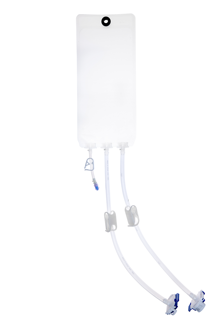 EZBio® Ultra Bag Assembly, 2000mL (2L), PE Bag, 2x 3/8" HB port, 1x1/4" HB port with Needlefree swabable valve TPE Tubing, Sterile, 10/CS (66P-500437-FLS) — Foxx Life Sciences