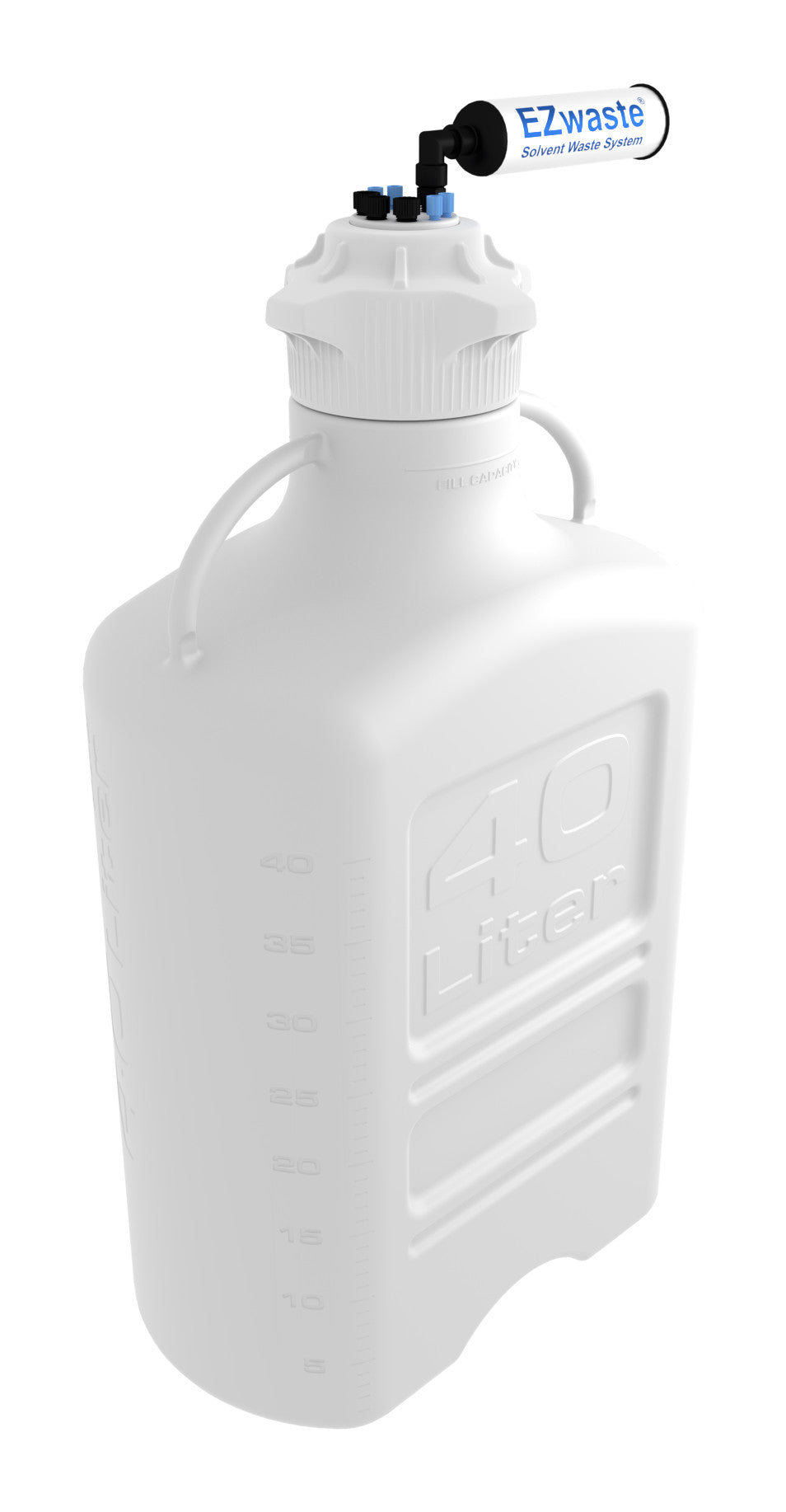 EZwaste® XL HPLC Solvent Waste System, HDPE Reusable Carboy, 120 mm VersaCap — 4x 1/8" + 3x 1/4" (332-5713-OEM) — Foxx Life Sciences