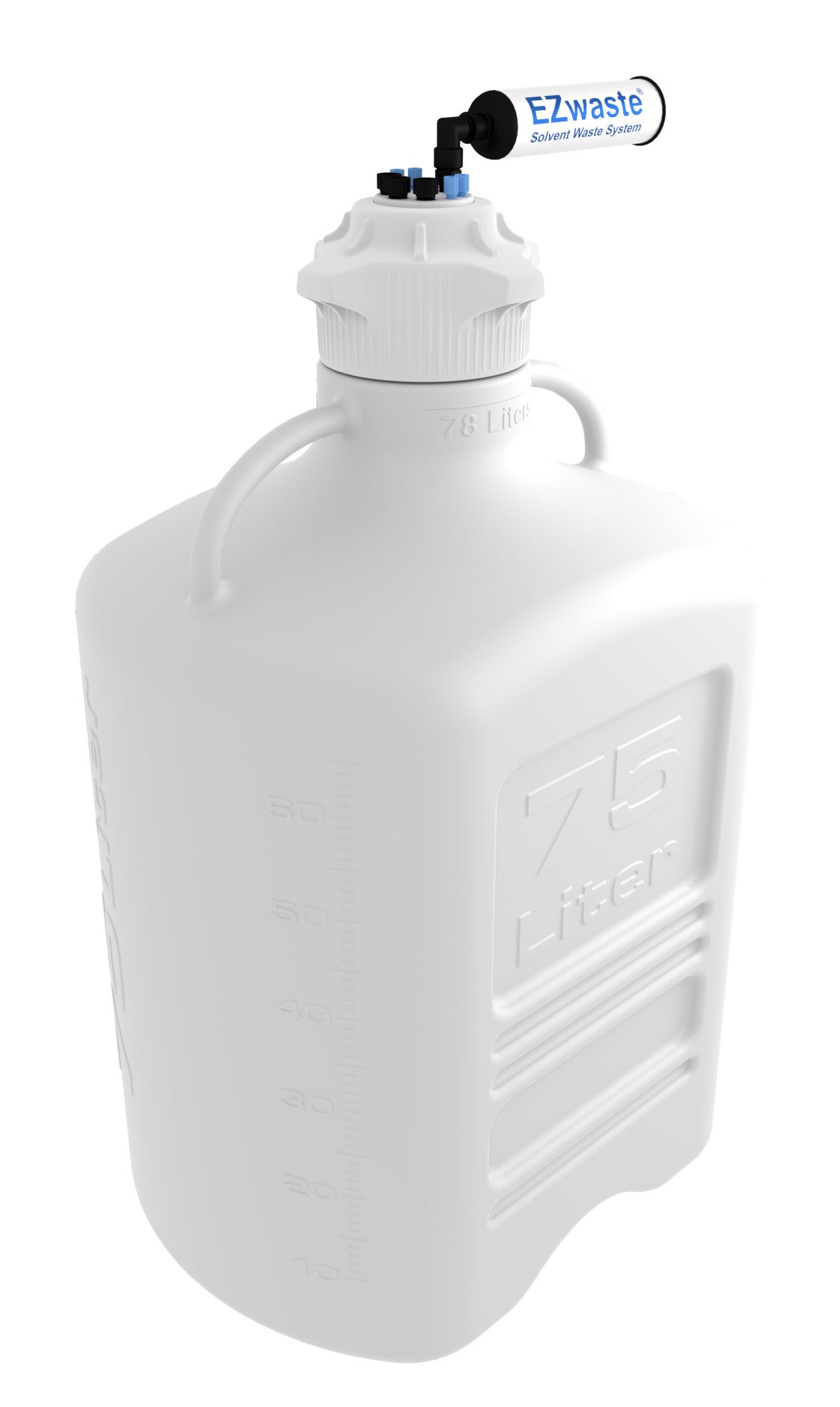 EZwaste® XL HPLC Solvent Waste System, HDPE Reusable Carboy, 120 mm VersaCap — 4x 1/8" + 3x 1/4" (332-5713-OEM) — Foxx Life Sciences