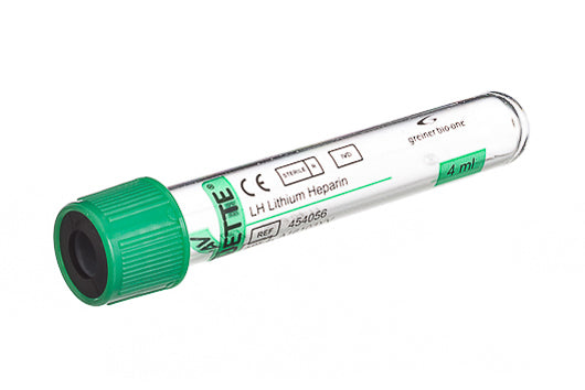 VACUETTE® TUBE, LH LITHIUM HEPARIN - 4 ml / 13x75 Green Cap-Black Ring, Transparent Label, Non-Ridged - Greiner Bio-One (454056)