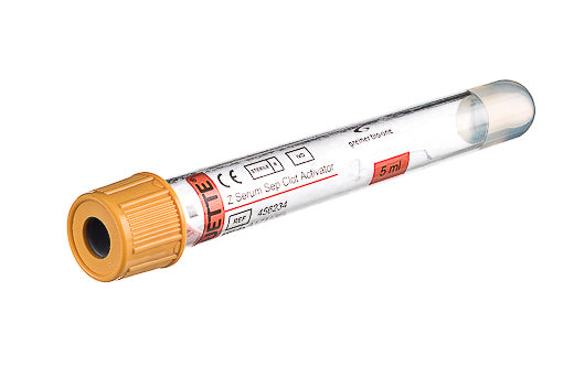VACUETTE® TUBE, CAT SERUM SEPARATOR CLOT ACTIVATOR, TRANSPARENT LABEL - 5 ml / 13x100 Gold Cap-Gold Ring, Non-Ridged - Greiner Bio-One (456234)