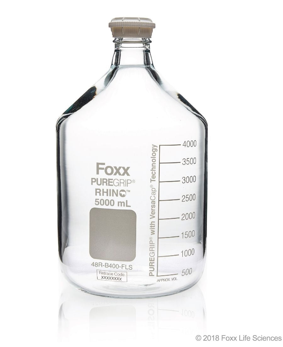 PUREGRIP® Rhino Safety Coated Glass Bottles, Clear, 5L, with GL45 VersaCap,1EA (48R-B400-FLS) — Foxx Life Sciences