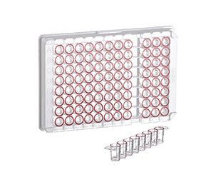 SINGLE-BREAK STRIP PLATE, 12XC8 WELL, PS, C-BOTTOM, CLEAR - Med. Binding, Microlon, Red Colour Coding On Well Rim - Greiner Bio-One (705063)