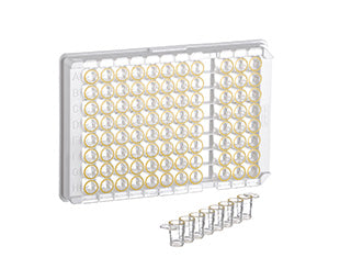 SINGLE-BREAK STRIP PLATE, 12XC8 WELL, PS, C-BOTTOM, CLEAR - High Binding, Microlon, Yellow Colour Coding On Well Rim - Greiner Bio-One (705076)