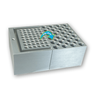 Quick-Flip™ Universal block Side 1: Holds: 24 x 1.5ml/2.0ml & 14 x 0.5ml Side 2: Holds: 6 x PCR strips, 48 x 0.2ml or 1 PCR
