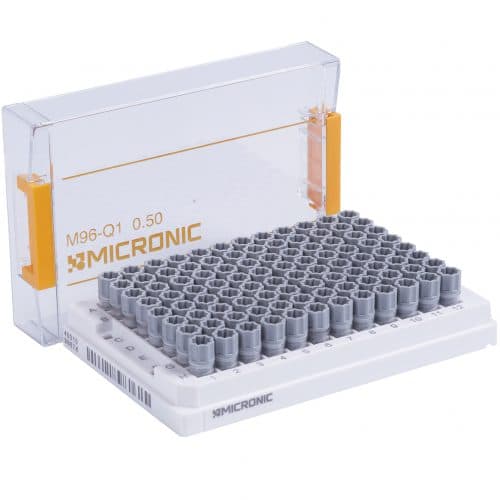 Tube storage racks in 96-well format with bottom ID (2D code) - Sample Storage Racks - Micronic